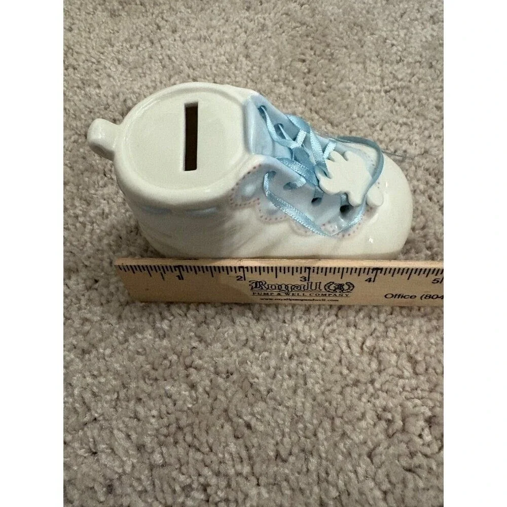 Ceramic Baby Shoe Coin‎ Bank NEW With Blue Lace Baptism Christening Birth Gift